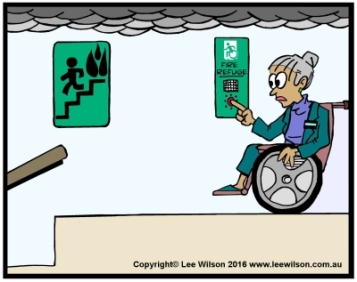 Cartoon of a lady using a Wheechair in Fire Refuge using Communications with Accessible Means of Egress Icon